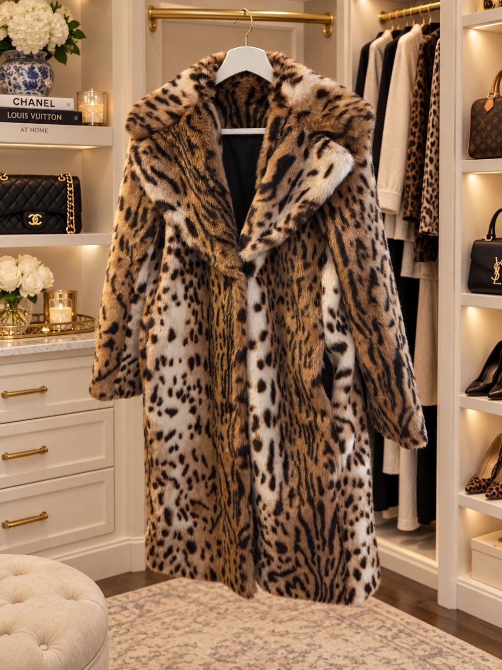 Kendall + Kylie Faux Fur Leopard Print Long Coat – Size L
